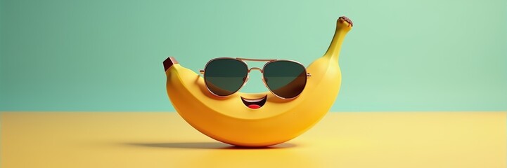 A cheerful banana wearing sunglasses, exuding a fun and playful vibe. Perfect for food brands, health campaigns, or creative marketing materials.