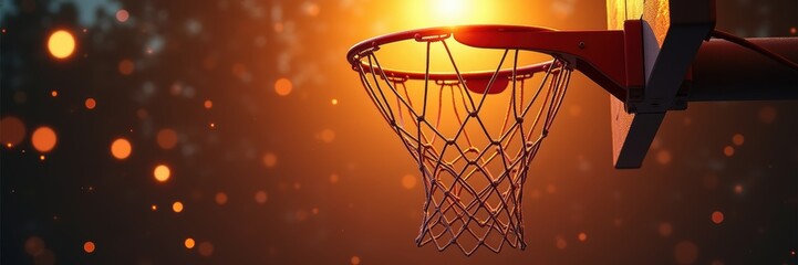 A dramatic close-up of a basketball hoop illuminated by warm light, capturing the excitement and energy of the game for sports marketing or event promotion.