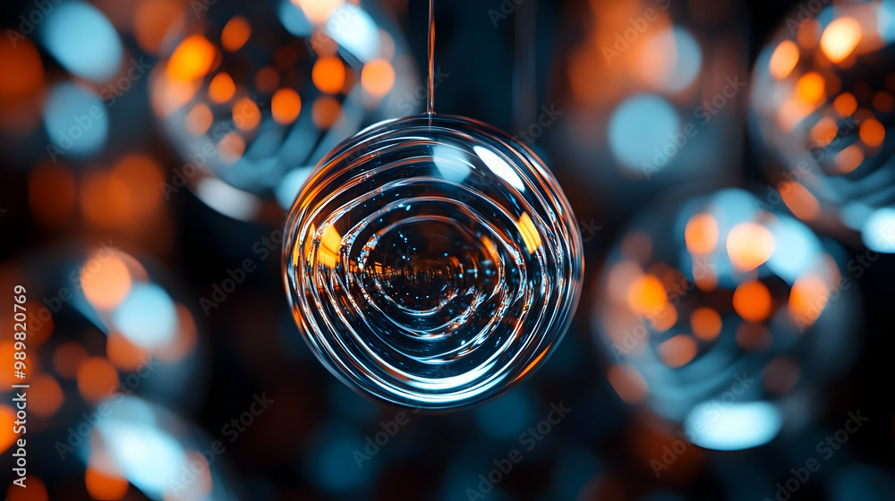 Poster abstract glass sphere with concentric patterns, illuminated by colorful lights, creating a mesmerizi