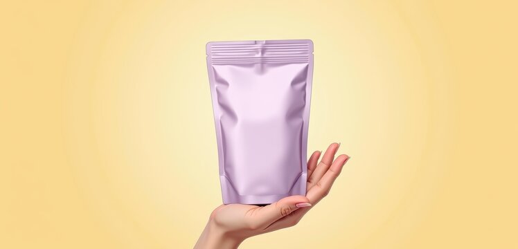A hand holding a sleek purple packaging pouch against a soft yellow background, ideal for showcasing product branding in cosmetics, snacks, or health supplements.