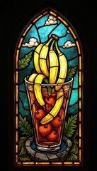 A vibrant stained glass artwork featuring bananas and cherries in a cup, ideal for decorating cafes, restaurants, or fruit-related businesses.