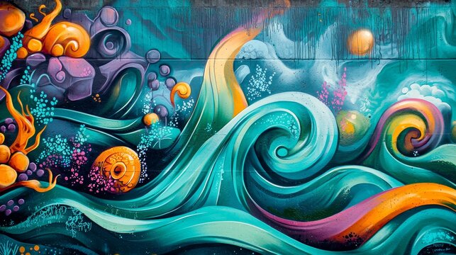 Ocean-themed graffiti wall, featuring flowing waves