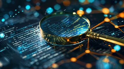 Scrutiny and Protection: IT Security Risk Assessment Concept with Magnifying Glass on Document in Abstract Tech