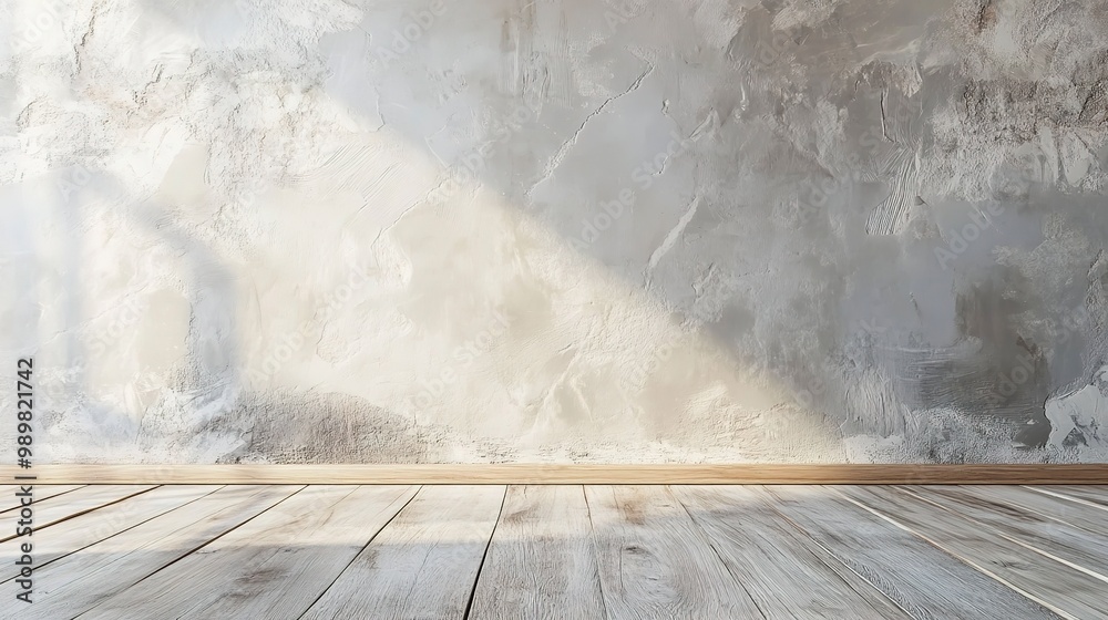 Sticker Empty room wall and wooden floor for product display mockup Wall with plaster texture rough strokes of palette knife paint on the surface Abstract background for design. copy space available