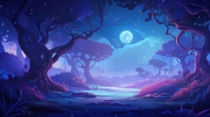 Mystical Moonlit Forest Scene with a River and Glowing Plants