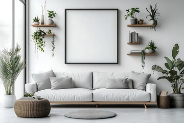 Modern living room with plants and minimalist decor.