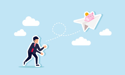 A businessman throws a paper airplane carrying a piggy bank into the sky, illustrating promotion or support from partners to increase investment profits or asset valuation.