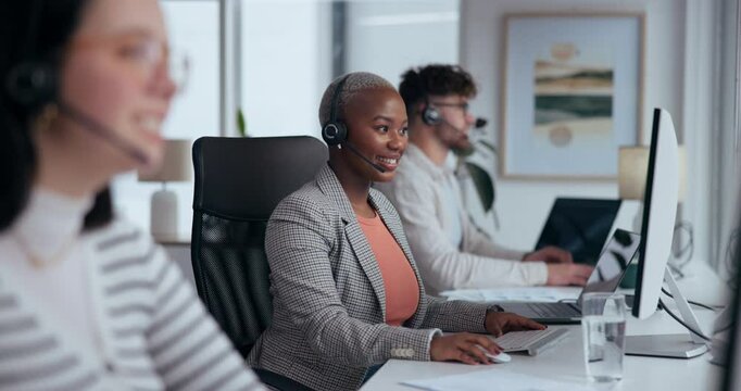 Call center, happy and woman with headset in office for customer service, subscription or telemarketing. CRM, contact us and consultant in discussion for communication, sales agent or support