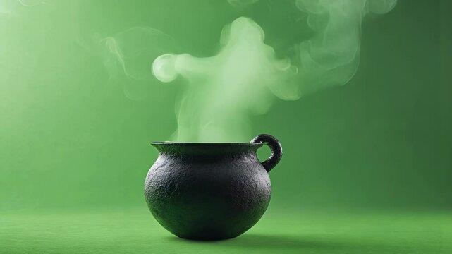 Emanating smoke from a black cauldron against a green screen background creates a spooky and mysterious atmosphere, perfect for halloween or magical themes