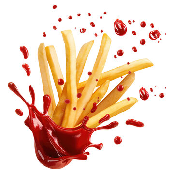 flaying french fries with ketchup splash isolated on transparent white background, clipping path