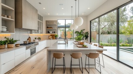 Fototapeta premium Modern Kitchen with Island and Sliding Glass Doors