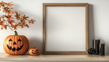 Mockup of a wooden frame with a pumpkin, designed for Halloween displays.
