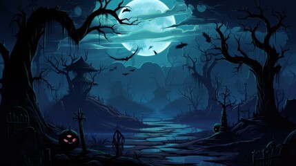 A spooky, moonlit Halloween forest with a haunted house, bats, and a pumpkin.