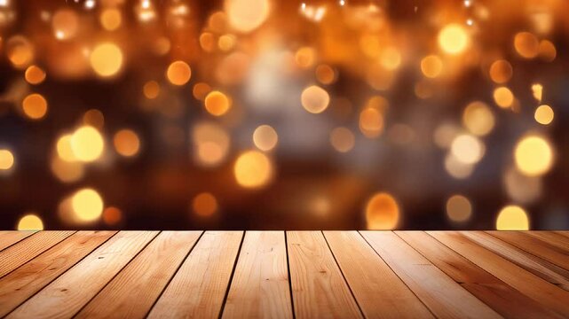Empty wooden table in the foreground with soft golden bokeh lights in the background, creating a cozy and festive atmosphere.
