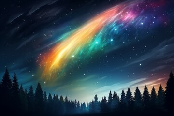 Fototapeta premium Vibrant cosmic skyscape over a tranquil forest at night showcasing an array of colors