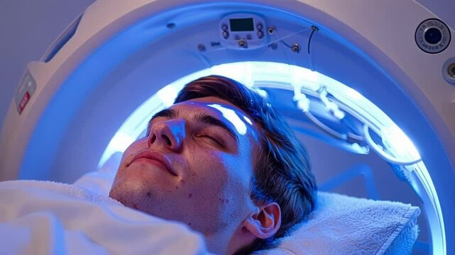 Man undergoing brain stimulation in a modern lab with a futuristic machine emitting blue light, offering hope for mental health