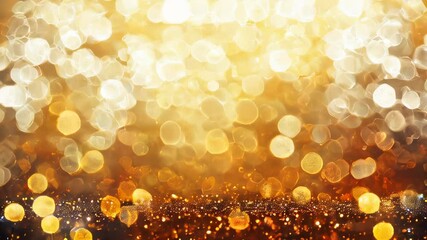 Abstract golden bokeh lights on a sparkling orange background, festive and bright.