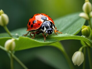 Fototapeta premium Macro closeup of a ladybug on a lily of the valley flower