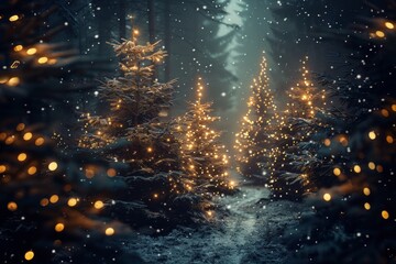 Enchanting forest adorned with twinkling lights and decorated Christmas trees during a serene winter night
