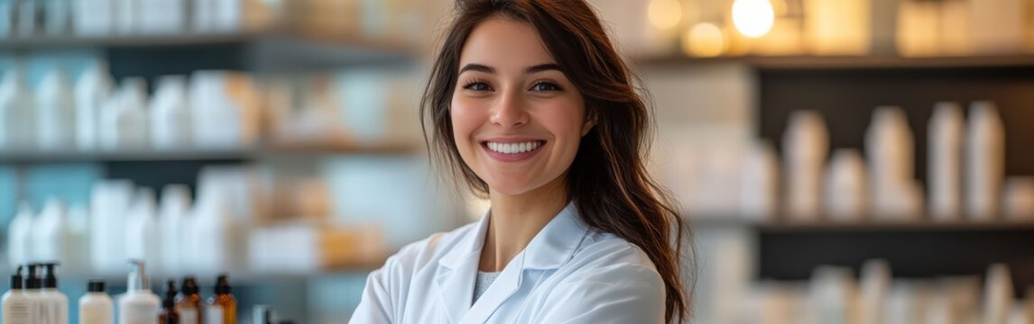 Skincare professional confidently standing in a beauty store