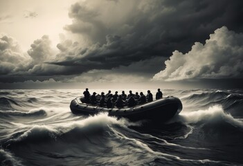 Struggling refugees seeking asylum in overcrowded boats escaping conflict and hardship, Generative AI