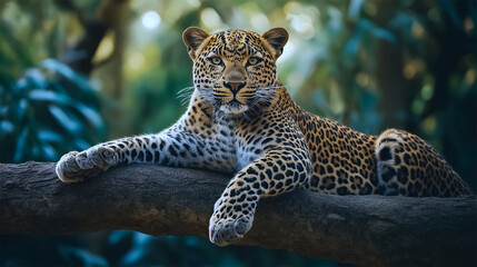 Naklejka premium Zanzibar leopard resting on tree branch in forest, endangered wild feline species 