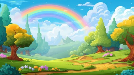 A Rainbow Arcs Over a Lush Green Forest Path