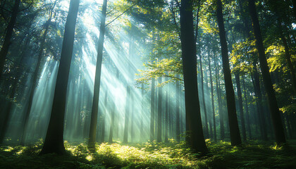 Fototapeta premium Tall, misty trees with sunlight streaming through the branches, creating a magical and mysterious forest atmosphere