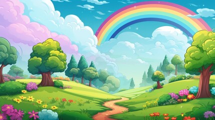 A Winding Path Through a Fantasy Forest With a Rainbow in the Sky