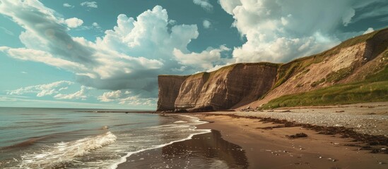Naklejka premium Scenic View Of Cliff At Beach Against Cloudy Sky During Sunny Day