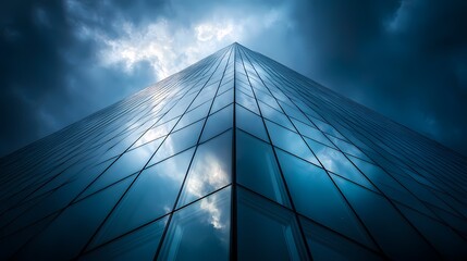 A striking modern skyscraper reflecting cloudy skies from below.