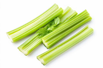 chopped celery stalks on isolated white background, top view