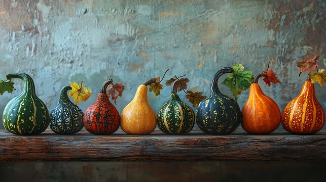 Colorful tableau of multi-hued gourds and foliage on timber, space for text.