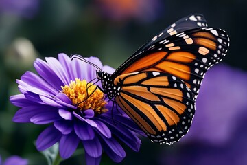 Fototapeta premium Monarch butterfly perched on vibrant purple flower.