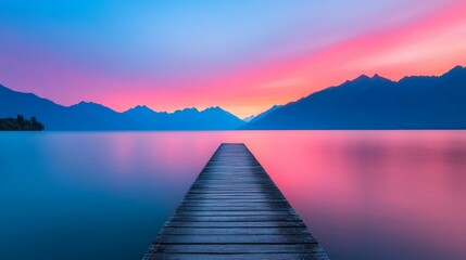 Naklejka premium Scenic view of a wooden pier extending into a tranquil lake at sunset.