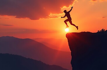 New Year 2025, Inspiration and progress towards new success. Silhouettes of human jumping over cliff towards finish line with text new year 2025 on sunset beautiful