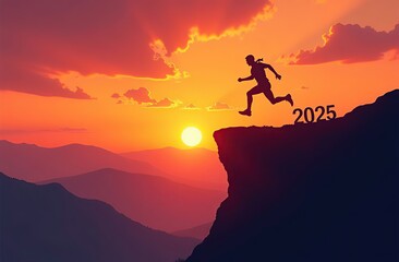 New Year 2025, Inspiration and progress towards new success. Silhouettes of human jumping over cliff towards finish line with text new year 2025 on sunset beautiful