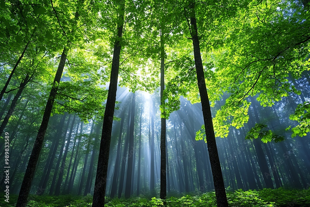 Poster a foggy forest in early morning light, with tall trees disappearing into the mist and sunlight filte