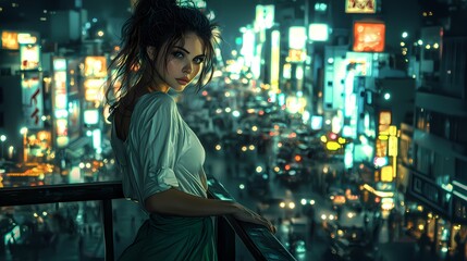 Obraz premium Young Hispanic woman gazes out over a vibrant city at night.