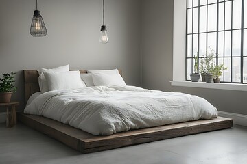 Minimalist bedroom with wooden bed and plants.