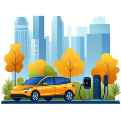 Electric car charging in a cityscape