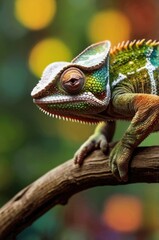 Obraz premium A close-up of a vibrant chameleon perched on a branch, showcasing its colorful skin.