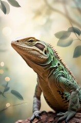 Obraz premium A close-up of a vibrant green lizard perched on a branch in a softly blurred background.