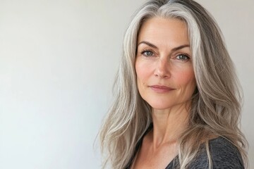 Naklejka premium Gorgeous mature woman with beautiful skin looking directly at the camera against a white background for a skincare concept