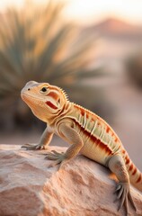 Fototapeta premium A lizard perched on a rock in a desert landscape, showcasing its vibrant colors.