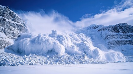 Dramatic snow avalanche rushing down a steep mountain slope