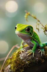 A vibrant green tree frog perched on a moss-covered log, showcasing its striking features.