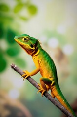 Fototapeta premium A vibrant lizard perched on a branch, showcasing its colorful scales in a natural setting.