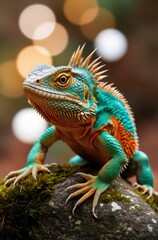 Fototapeta premium A vibrant lizard perched on a mossy rock with a blurred background.