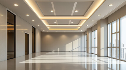 Obraz premium A suspended ceiling with halogen spot lamps is a modern design feature where the ceiling is mounted below the original structure, with embedded halogen spotlights providing focused, adjustable lightin